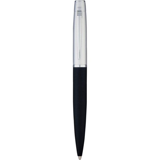 A metal ballpoint pen with a silver finish and a black grip, featuring a logo on the body.