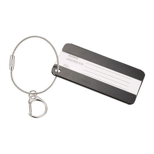 A black aluminium identification tag with a silver cable attachment for luggage or bags. Contains space for name and contact details.