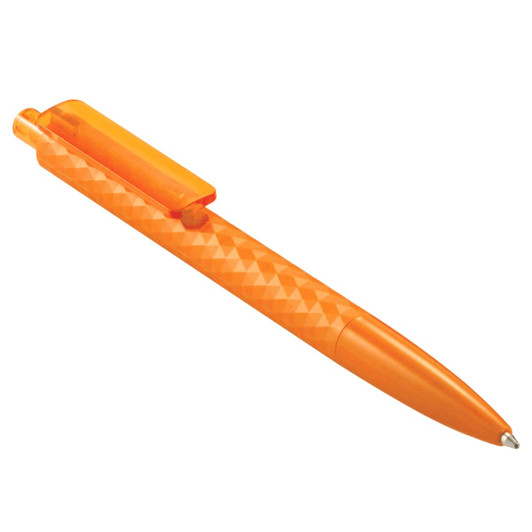 An orange geometric ballpoint pen with a patterned barrel and a clip. It features a branding logo.