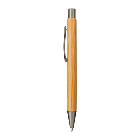A bamboo ballpoint pen with a metallic clip and tip, featuring a sleek, natural wood design.