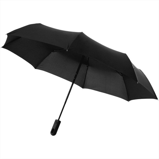 A black foldable umbrella with an automatic open/close feature and a black handle. It has a sleek, compact design.