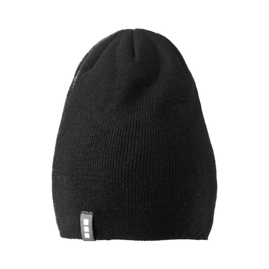 A black unisex beanie featuring a small logo on the side, designed for headwear.