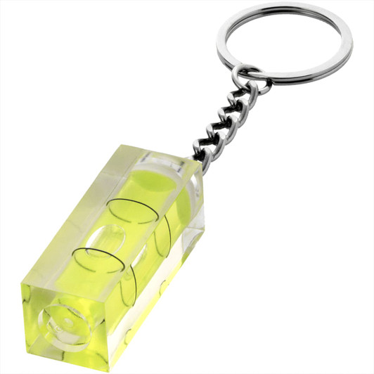 A transparent yellow leveller keychain with a metal keyring attached.