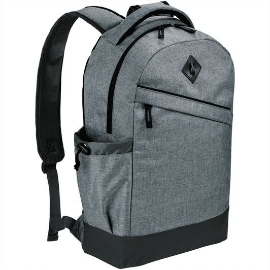 A grey laptop backpack with multiple compartments, padded straps, and a side pocket. Features a logo.