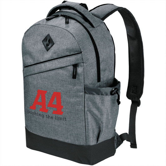 A grey and black laptop backpack with a logo, featuring adjustable straps and side pockets.