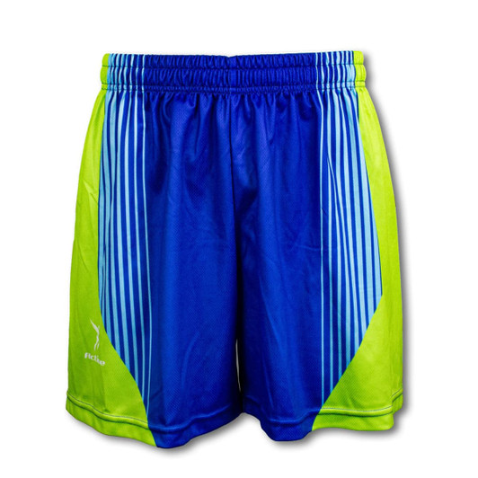 Custom men's sports shorts in blue and bright green, featuring a logo and striped design.