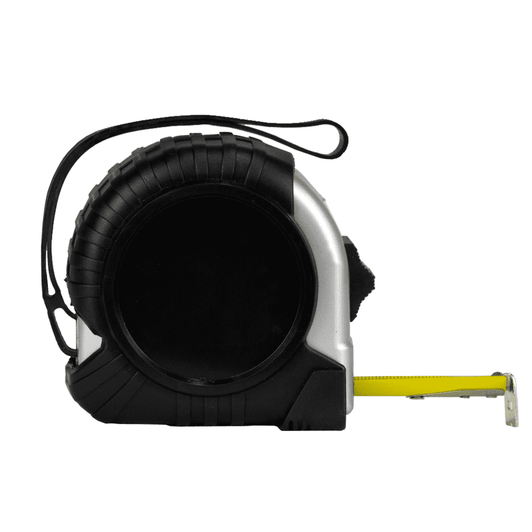 A black and silver Pro Locking Tape Measure with a yellow measuring tape extended. Features a textured grip and a lanyard.