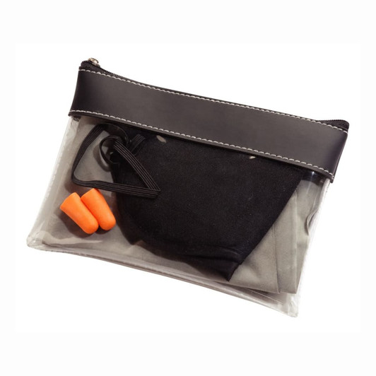 A clear toiletry bag containing a black sleep mask, grey earplugs, and orange earplugs, finished with a black zip.