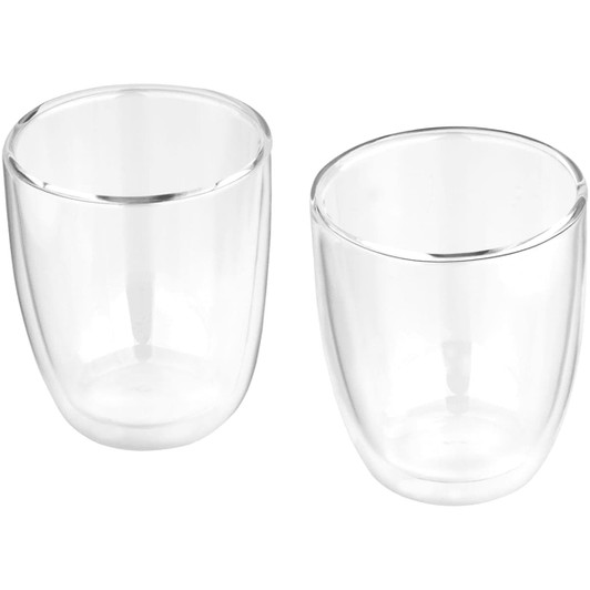 A set of two clear glass cups, featuring a smooth design and double-wall construction.
