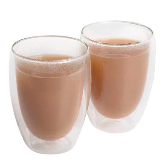 Two double-walled, transparent glass cups filled with light brown liquid. The cups have a sleek design and a logo.