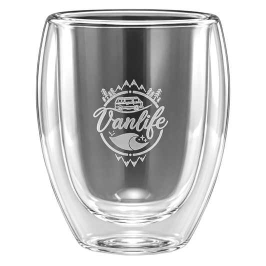 A glass coffee and tea set featuring a clear design with a logo, showcasing a van and outdoor theme.