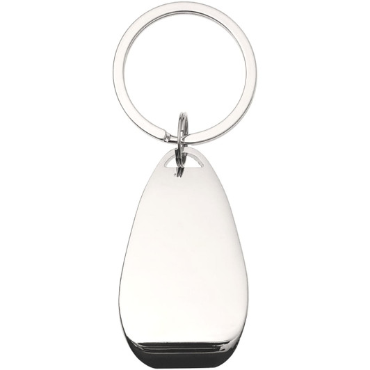 A drink bottle opener keyring in a silver, sleek design with a round keyring attachment.