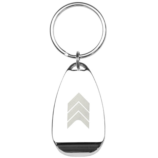 A drink bottle opener keyring in silver with a distinctive logo, featuring a smooth, rounded design.