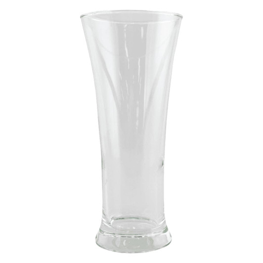 A clear glass Pilsner beer glass, featuring a tapered design and a sturdy base, ideal for serving beer.