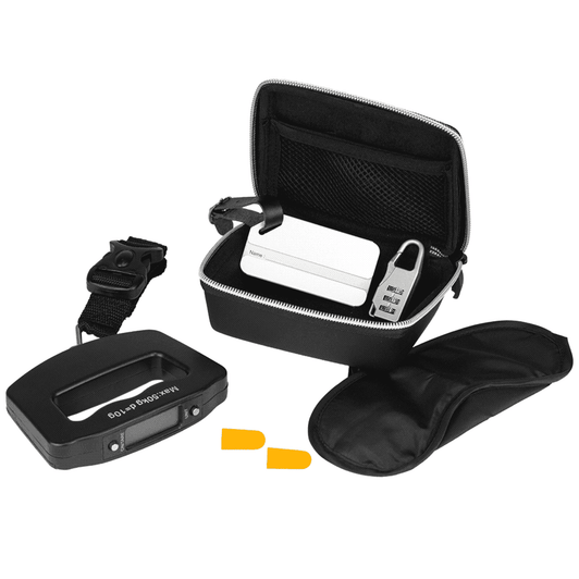 A black travel set including a hard case, luggage tags, a protective sleeve, and earplugs. Features a logo.