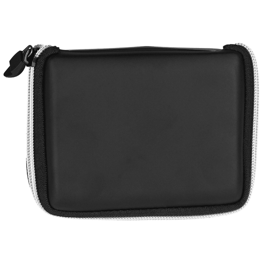 A black travel set case with a zip closure, designed for storing luggage tags and other travel essentials.