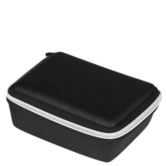 A black travel set case with a zip closure and a padded exterior. It features a subtle branding logo.