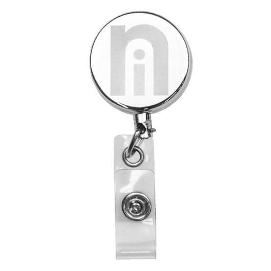 A metal zip pull badge holder with a circular top, featuring a logo and a clear attachment clip.