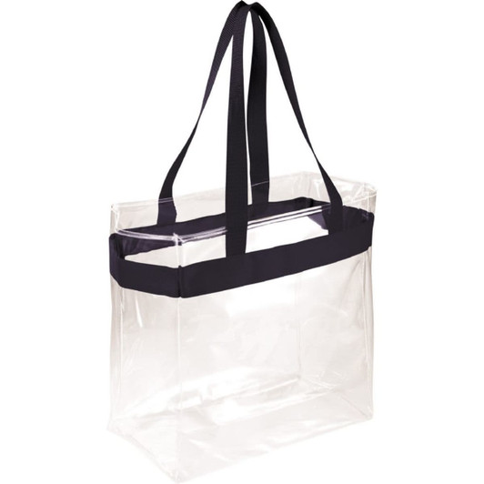A clear tote bag with black handles, featuring a simple, unembellished design and an integrated logo.