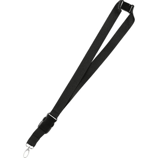 A black 25mm lanyard featuring a clip and an adjustable buckle, ideal for exhibitions and events.