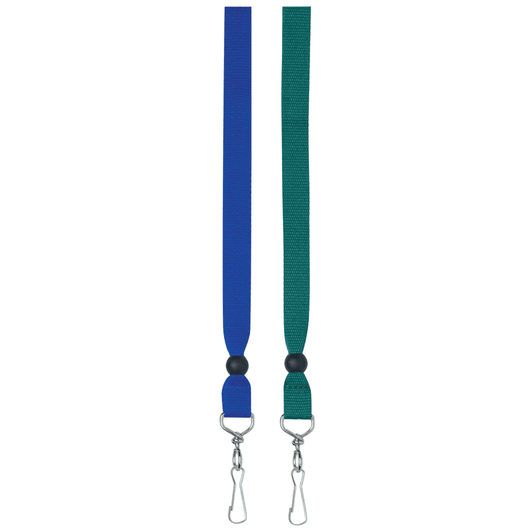 A blue and green ribbon lanyard, 15mm wide, featuring metal clips at both ends and a design for events.