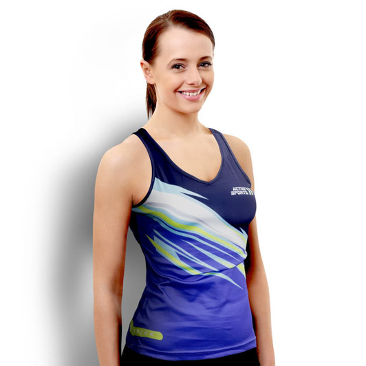 A woman is wearing a custom women's performance singlet in shades of blue and green, featuring a logo.