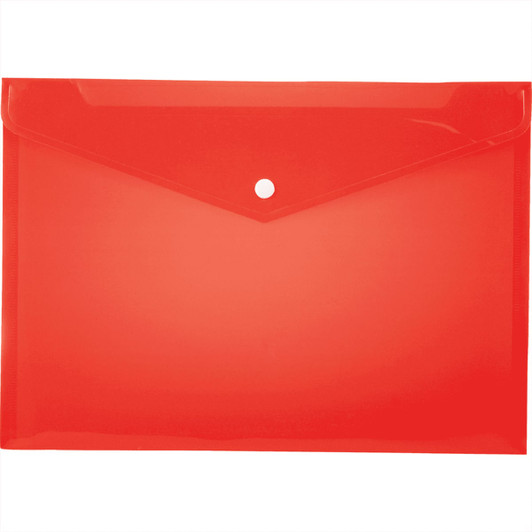 A red, transparent plastic envelope with a button closure, designed for holding documents.