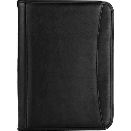 A black portfolio with a smooth leather-like finish and a branded logo on the front.
