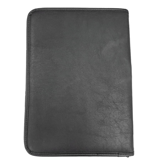 A black leather portfolio with a textured finish and a zippered edge. It features a logo on the front.