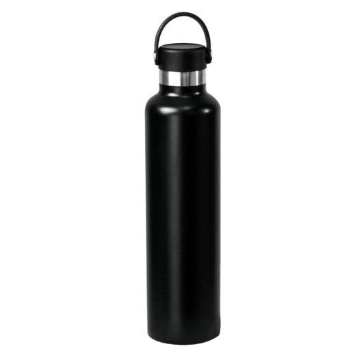 A drink bottle in matte black stainless steel, featuring a stainless steel lid and a handle.