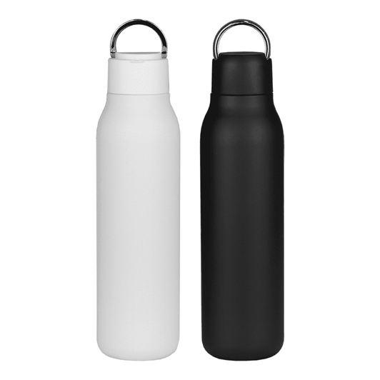 A drink bottle set featuring one white and one black copper vacuum bottle with a metal loop. Both have a sleek design.