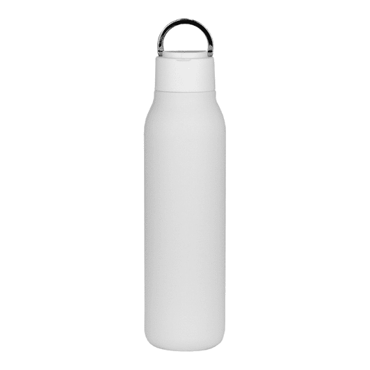 A drink bottle made of copper with a metal loop, featuring a sleek white finish and a capacity of 600ml.