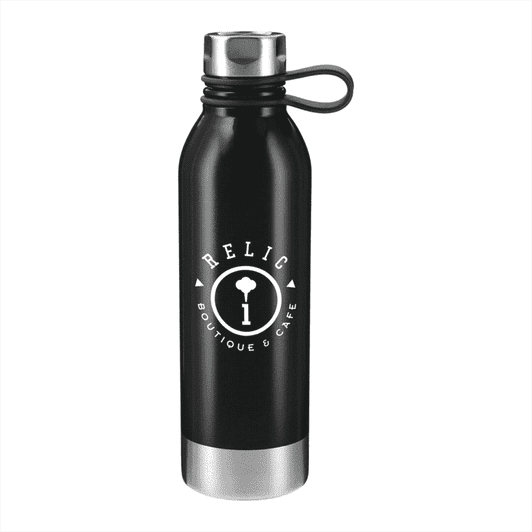 A drink bottle featuring a black stainless steel body and a silver base, with a logo on the front.