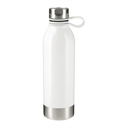 A drink bottle in white with a stainless steel bottom and a secure lid featuring a loop.