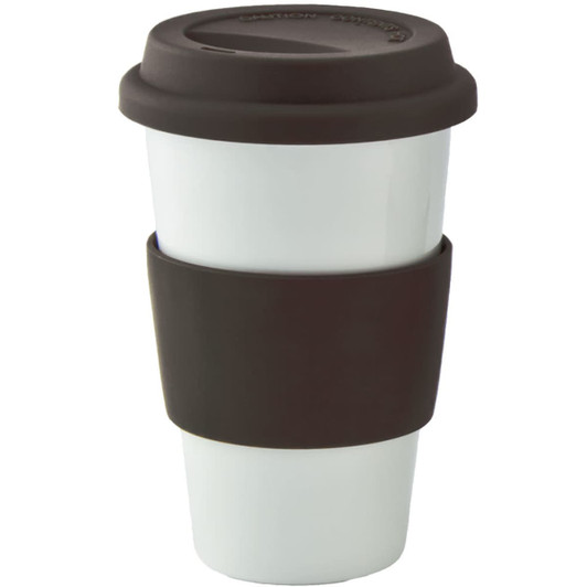 A ceramic coffee mug with a white body, brown lid, and a brown silicone sleeve for grip. Features a logo.