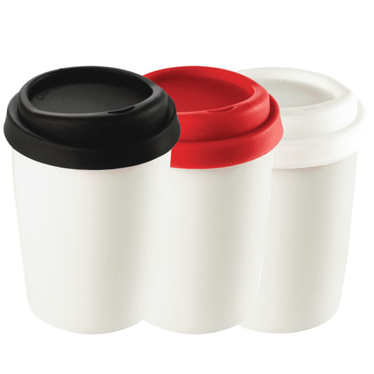A drinkware set featuring three ceramic mugs with silicone lids in black, red, and white.