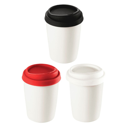 A drinkware set featuring three ceramic mugs with silicone lids in black, red, and white colours. Each has a logo.