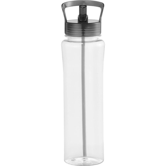 A drink bottle featuring a clear body and a grey cap with a straw, designed for sports and outdoor activities.