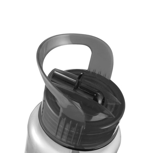 A drink bottle with a grey lid and spout, featuring a built-in handle. It has a sleek, transparent design.