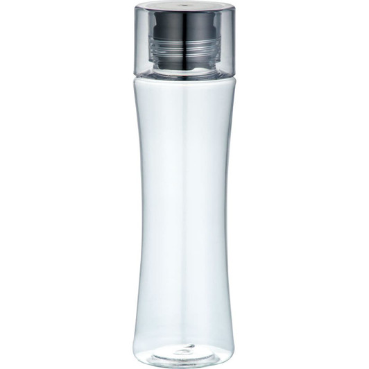 A drink bottle in clear plastic with a silver lid, featuring a sleek, modern design and a logo.