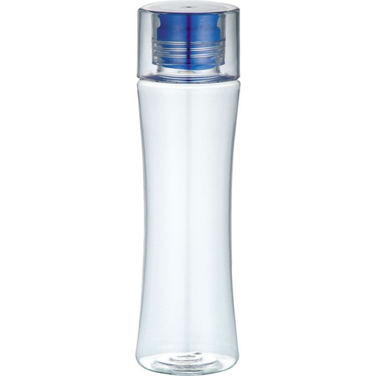 A drink bottle made of clear plastic with a blue lid, featuring a sleek, ergonomic design.