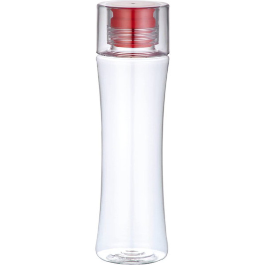 A drink bottle in clear plastic with a red cap, featuring a sleek, modern design and a branding logo.