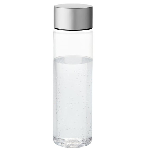 A drink bottle in transparent glass with a silver metallic lid, holding clear water inside.