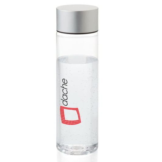 A drink bottle featuring a clear body and a silver lid, partially filled with sparkling water. It has a branding logo.
