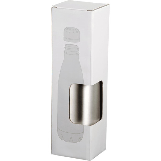 A white packaging box designed for a stainless steel drink bottle, featuring a cut-out window and a logo.