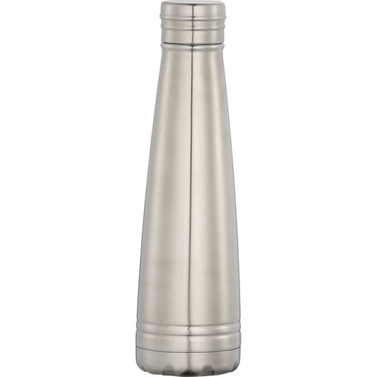 A drink bottle featuring a sleek stainless steel design with a vacuum insulated body. It has a branded logo.
