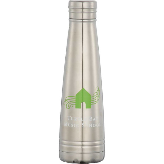 A drink bottle in silver with a sleek design and a logo, featuring a green graphic element.
