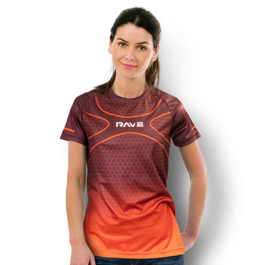 A custom women's performance t-shirt in shades of orange and maroon, featuring a logo and a modern design.