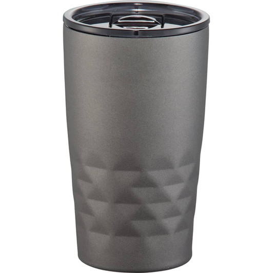 A drink bottle in matte grey with a textured design, featuring a lid and a logo. Capacity: 420ml.