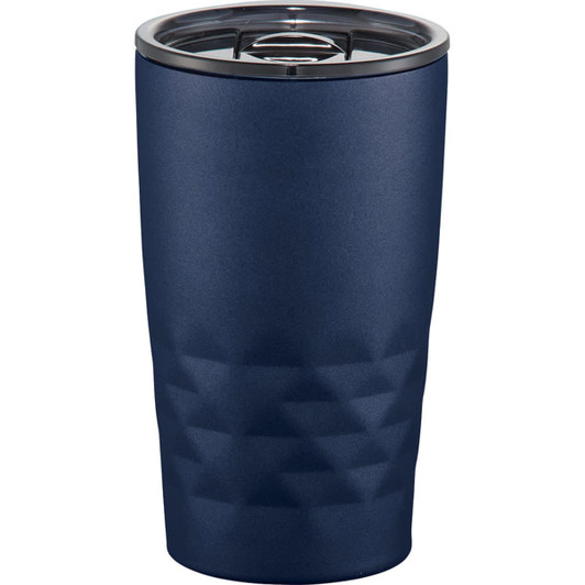 A drink bottle in dark blue, featuring a textured design and a stainless steel cap, with a logo on the side.